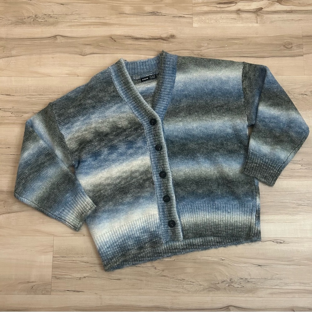 SHEIN Button Up Cardigan Drop Shoulder Blue Ombre Size Small Oversized